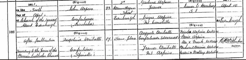 Wedding in the Church of the Sacred Heart, just off the Grassmarket in Edinburgh. Date Sixth April 1911. John was 23, Angelina only 17. Angelina's Uncle Nicolo was witness